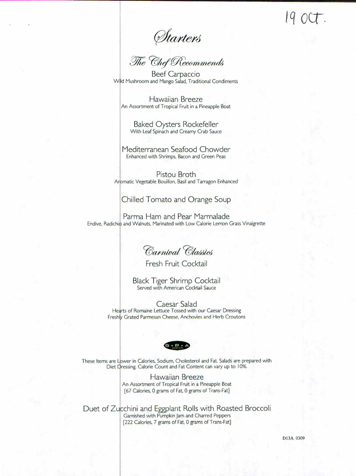 Carnival Dream Menu - D13A.0309