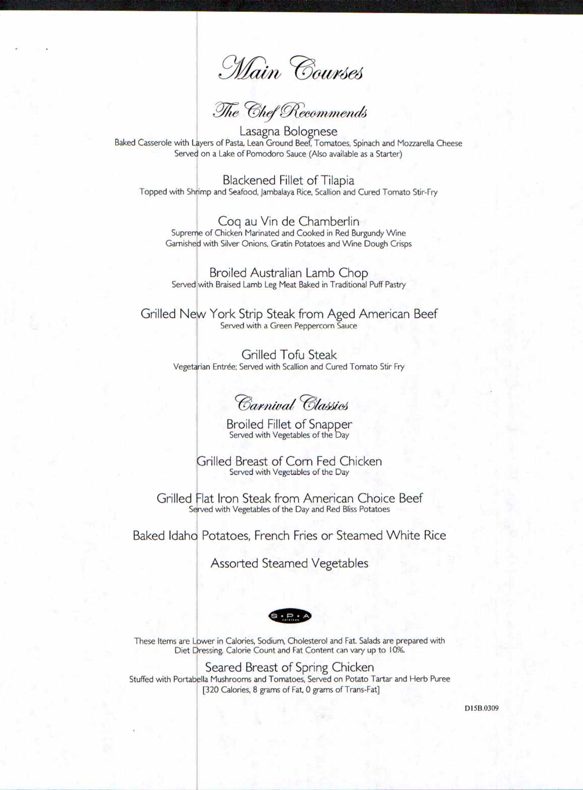 Carnival Dream Menu - D15B.0309