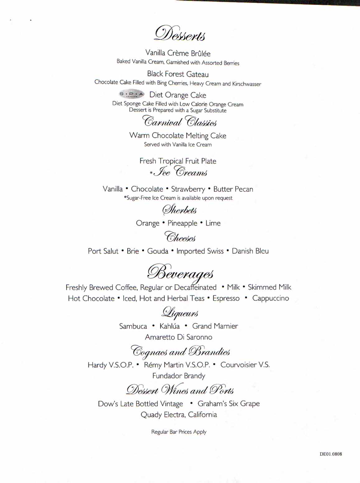 Carnival Dream Menu - DE01.0808