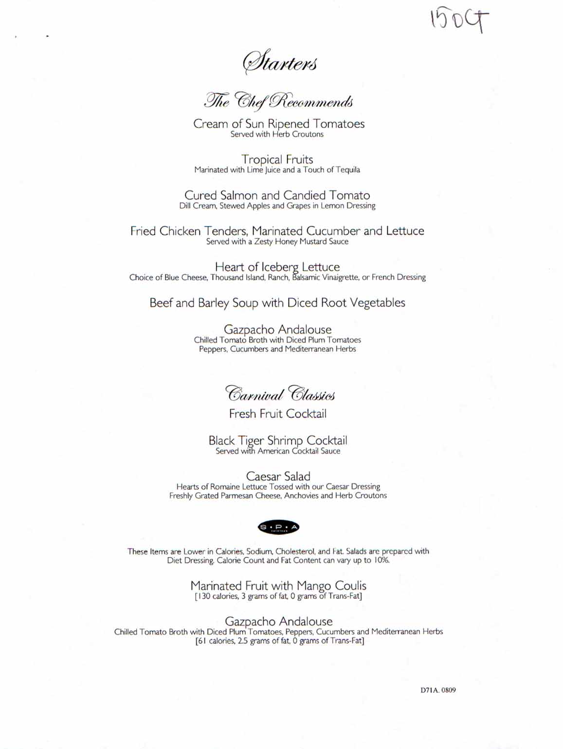 Carnival Dream Menu - D71A.0809