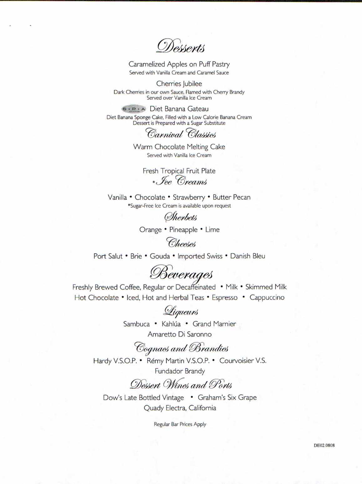 Carnival Dream Menu - DE02.0808