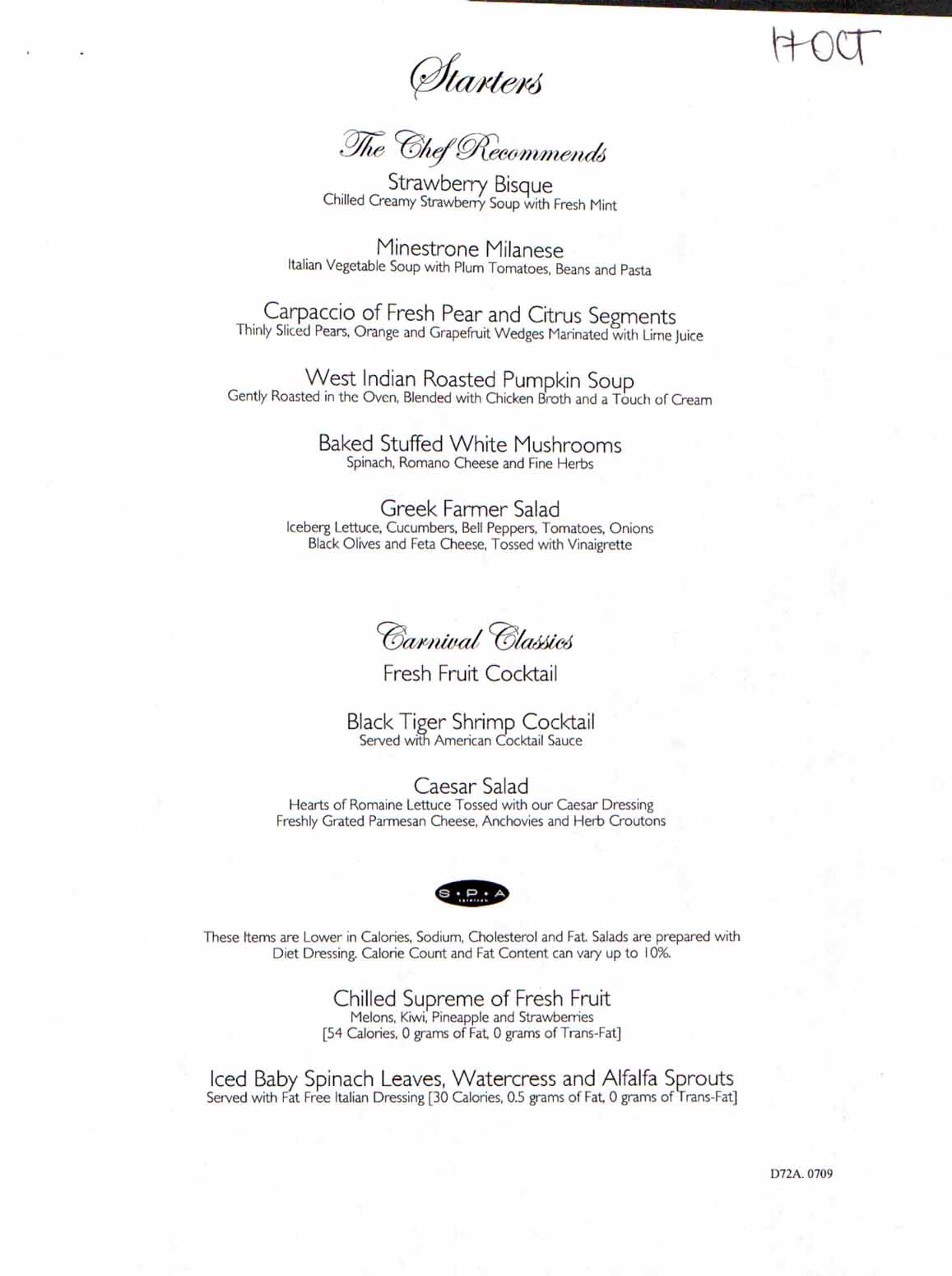 Carnival Dream Menu - D72A.0709