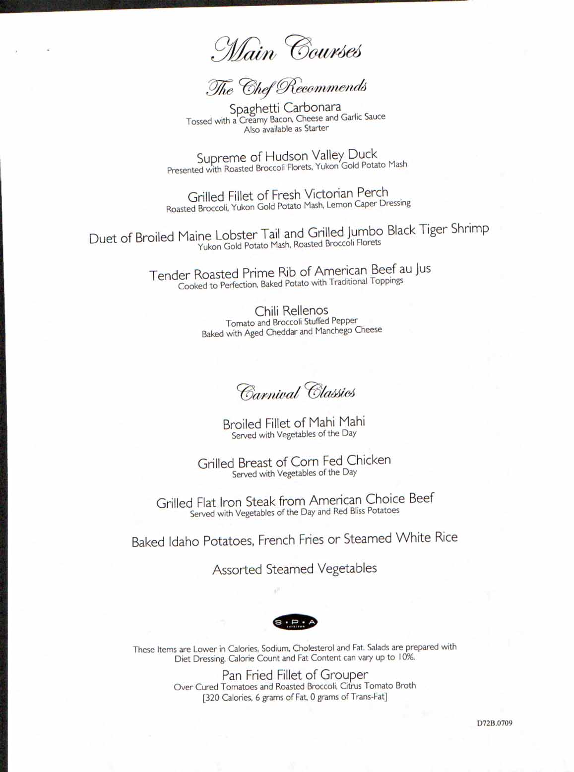 Carnival Dream Menu - D72B.0709