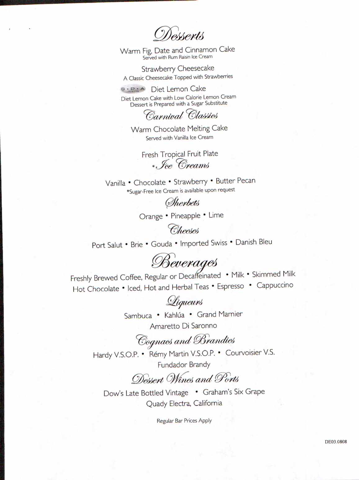 Carnival Dream Menu - DE03.0808