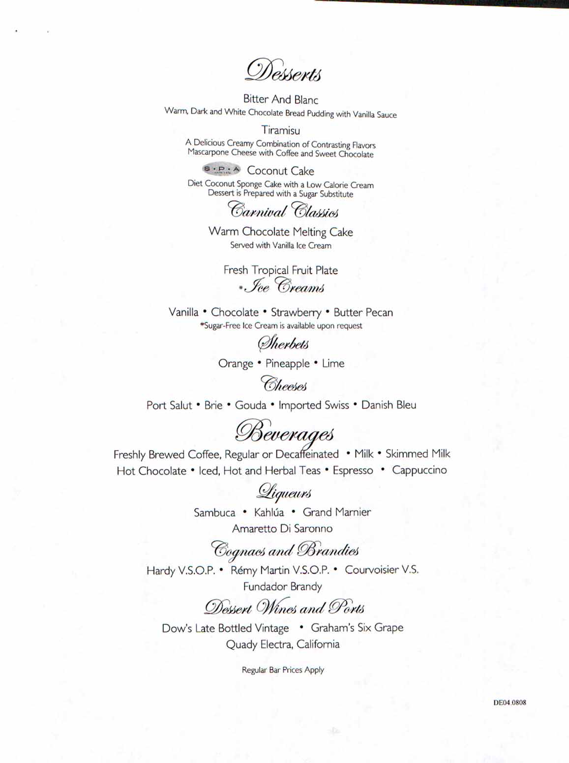 Carnival Dream Menu - DE04.0808