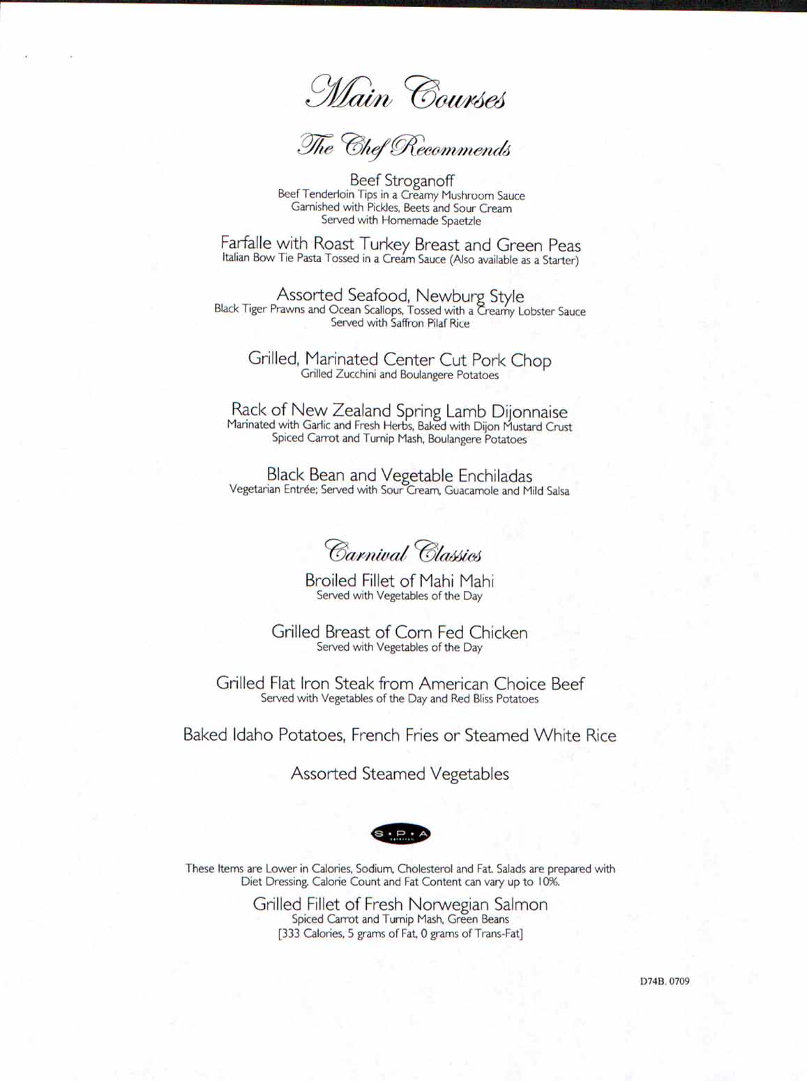 Carnival Dream Menu - D74B.0709