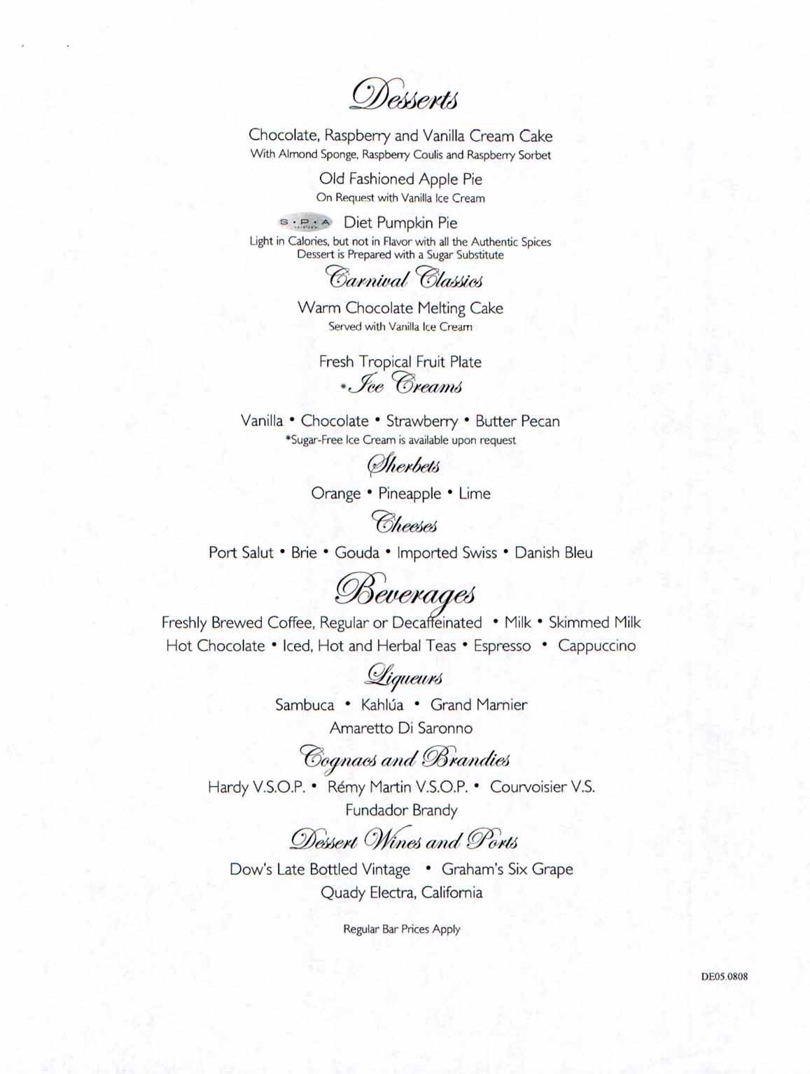 Carnival Dream Menu - DE05.0808