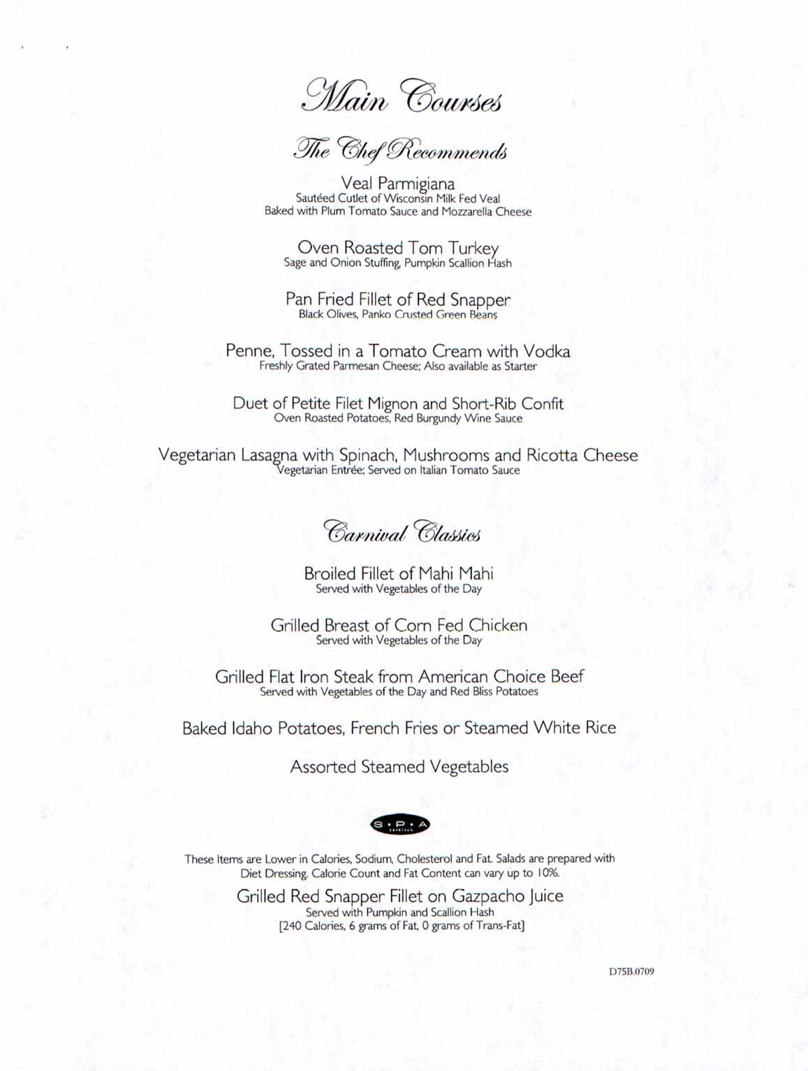 Carnival Dream Menu - D75B.0709