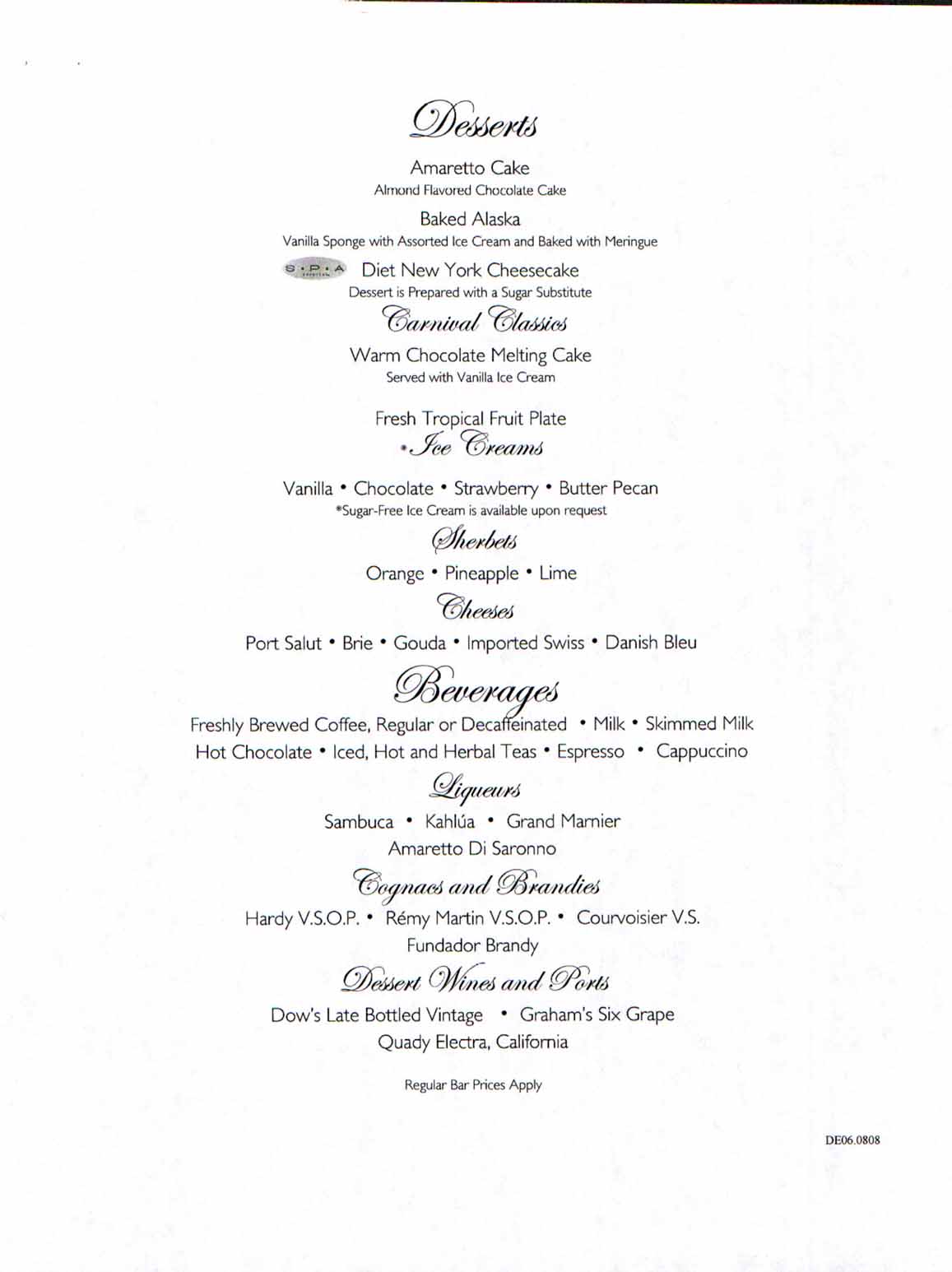 Carnival Dream Menu - DE06.0808