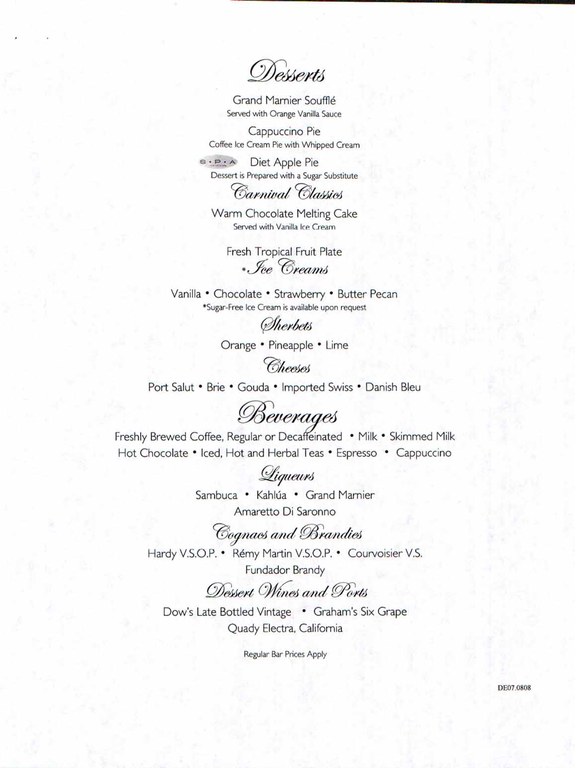 Carnival Dream Menu - DE07.0808