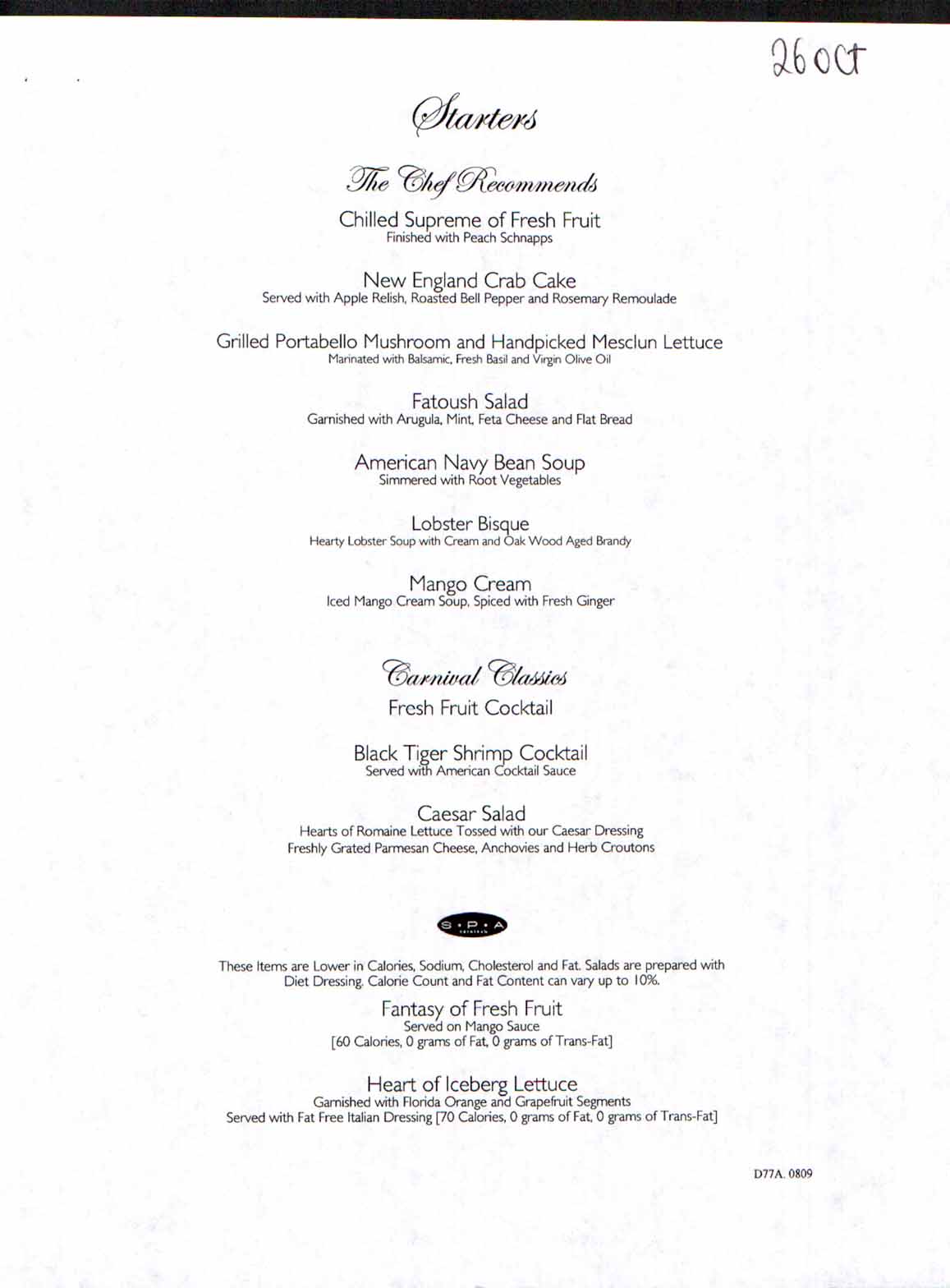 Carnival Dream Menu - D77A.0809