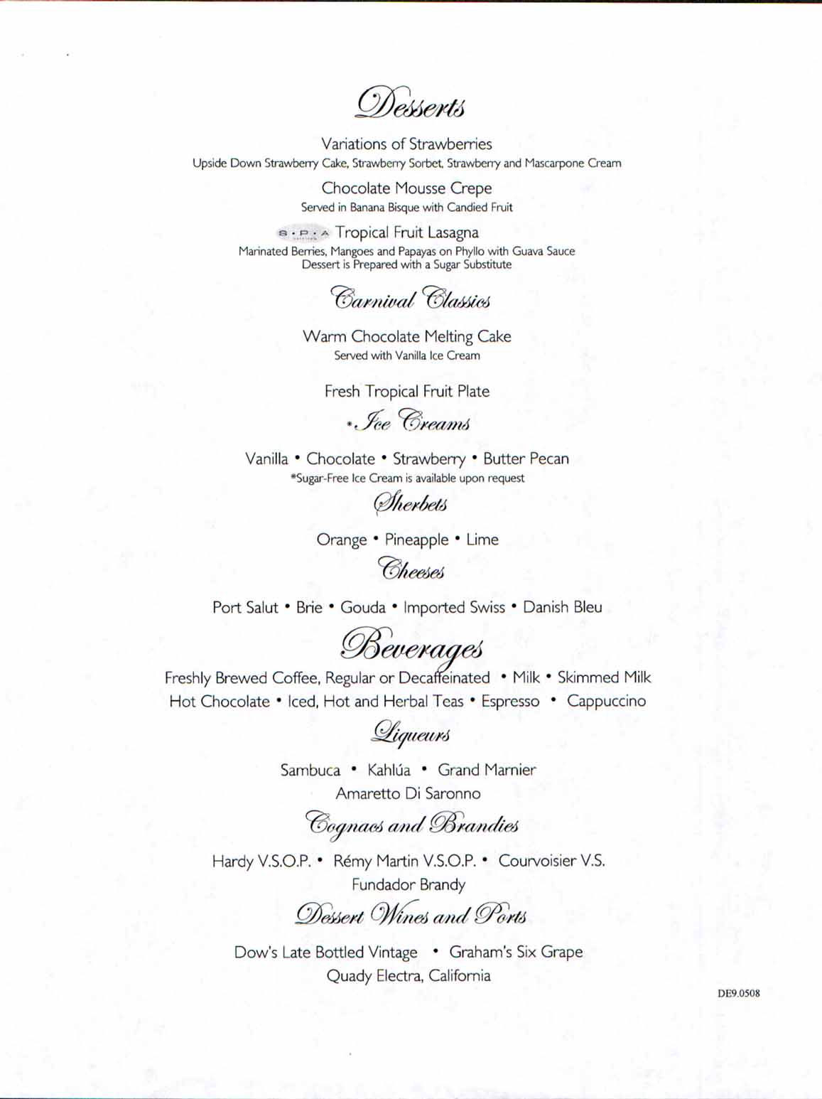 Carnival Dream Menu - DE9.0508