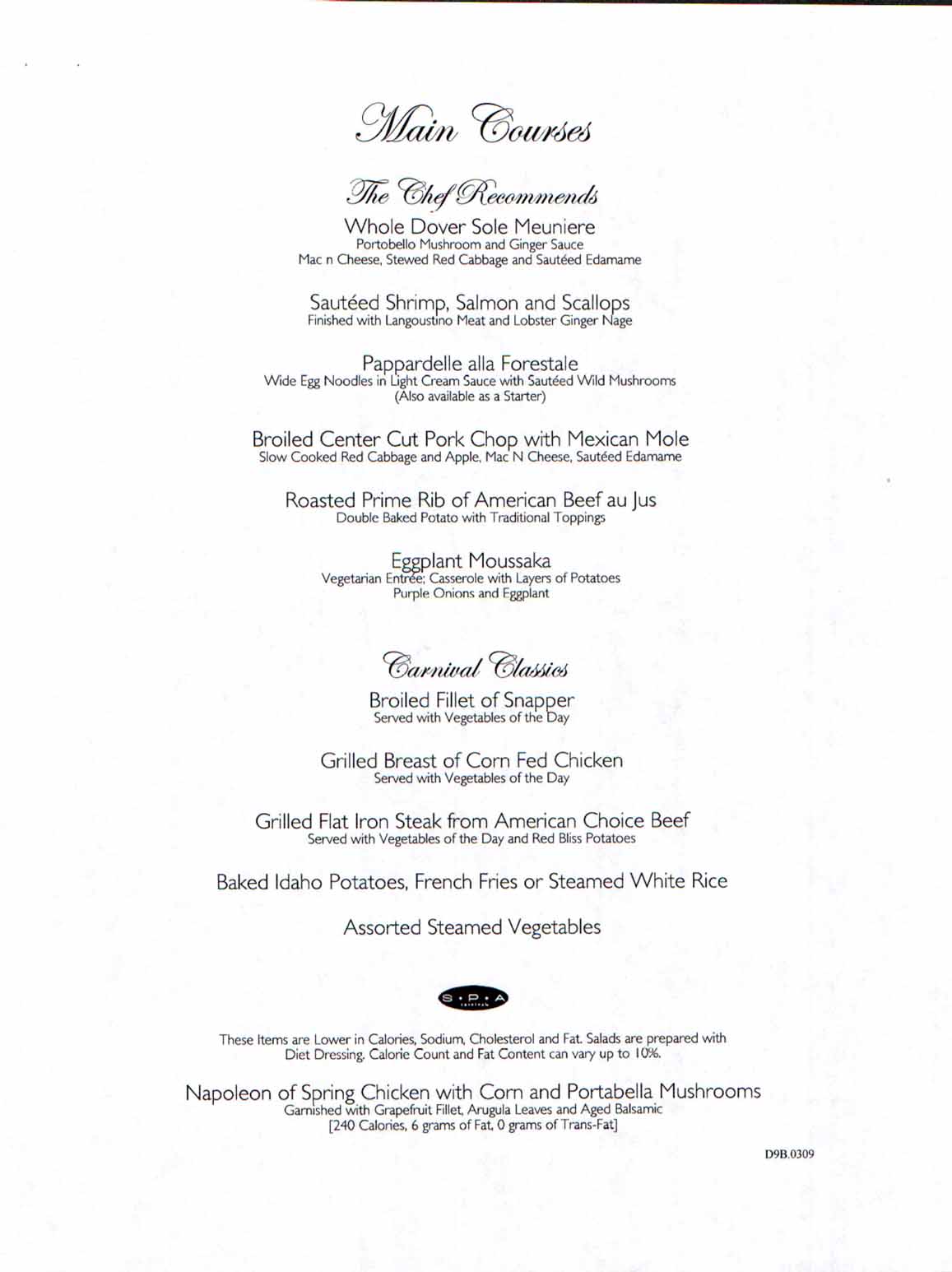 Carnival Dream Menu - D9B.0309