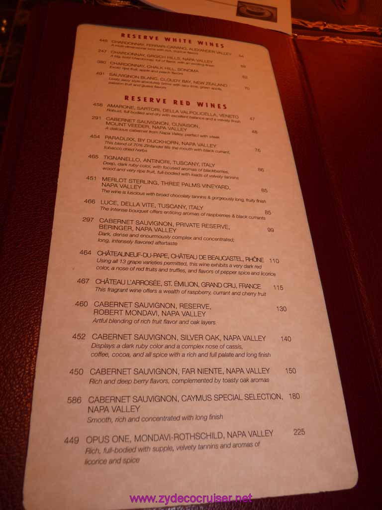 Carnival Dream Chef's Art Steakhouse Supperclub Wine Menu 4