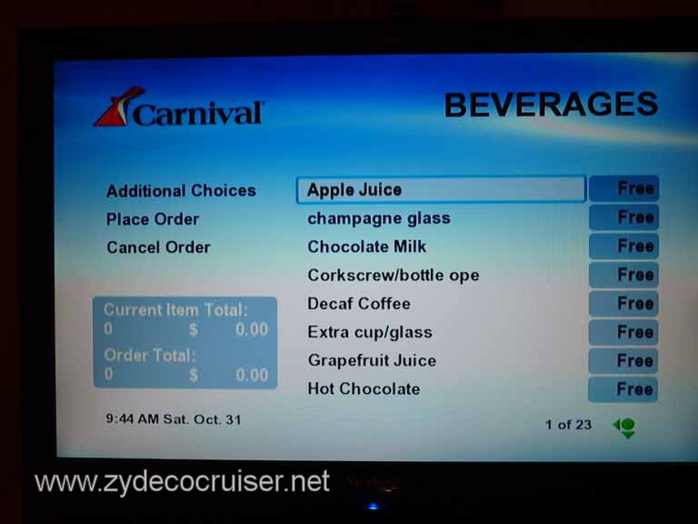 0741: Carnival Dream, Transatlantic, TV Room Service