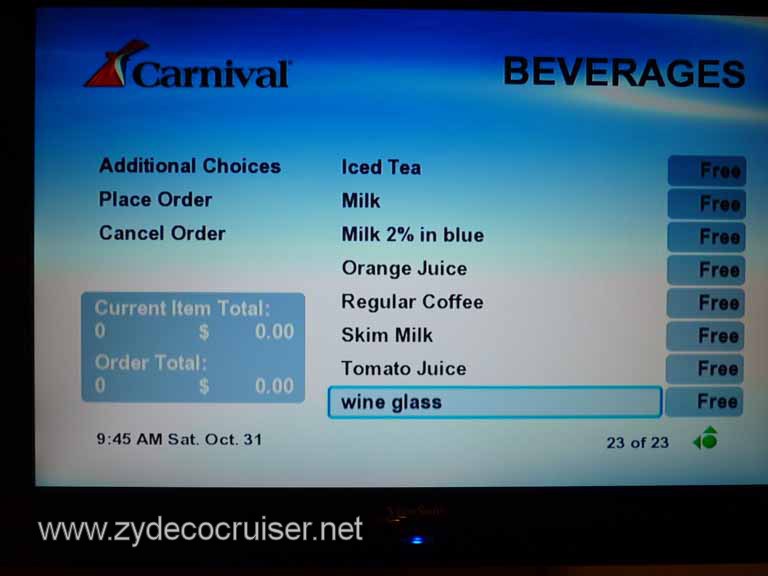 0743: Carnival Dream, Transatlantic, TV Room Service