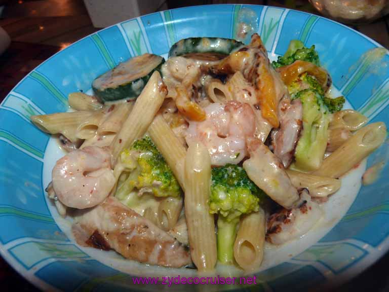 Carnival Dream Pasta Bar - I can see penne, broccoli, garlic shrimp, chicken, zucchini, Alfredo sauce