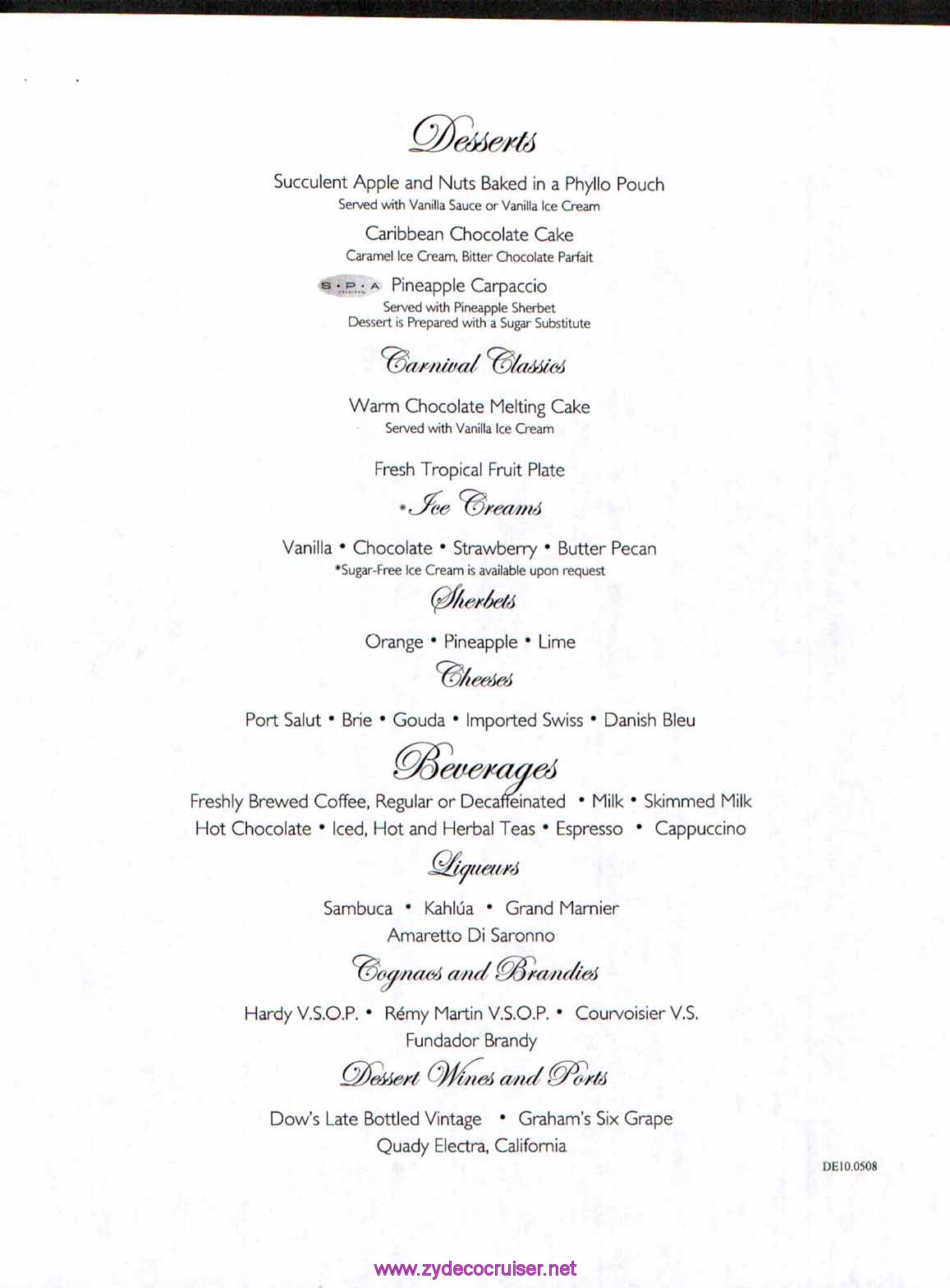 Carnival Dream Menu - DE10.0508