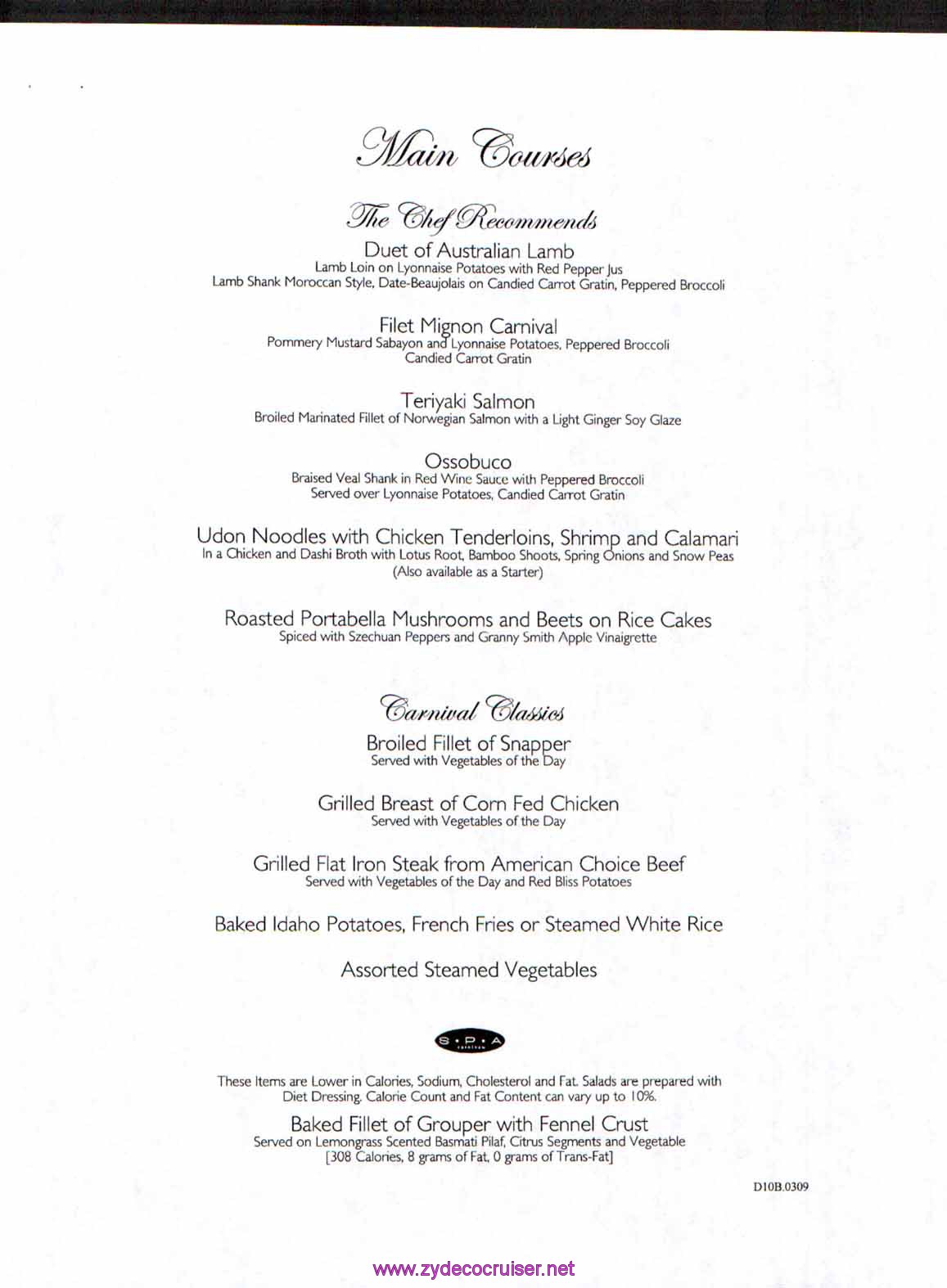 Carnival Dream Menu - D10B.0309