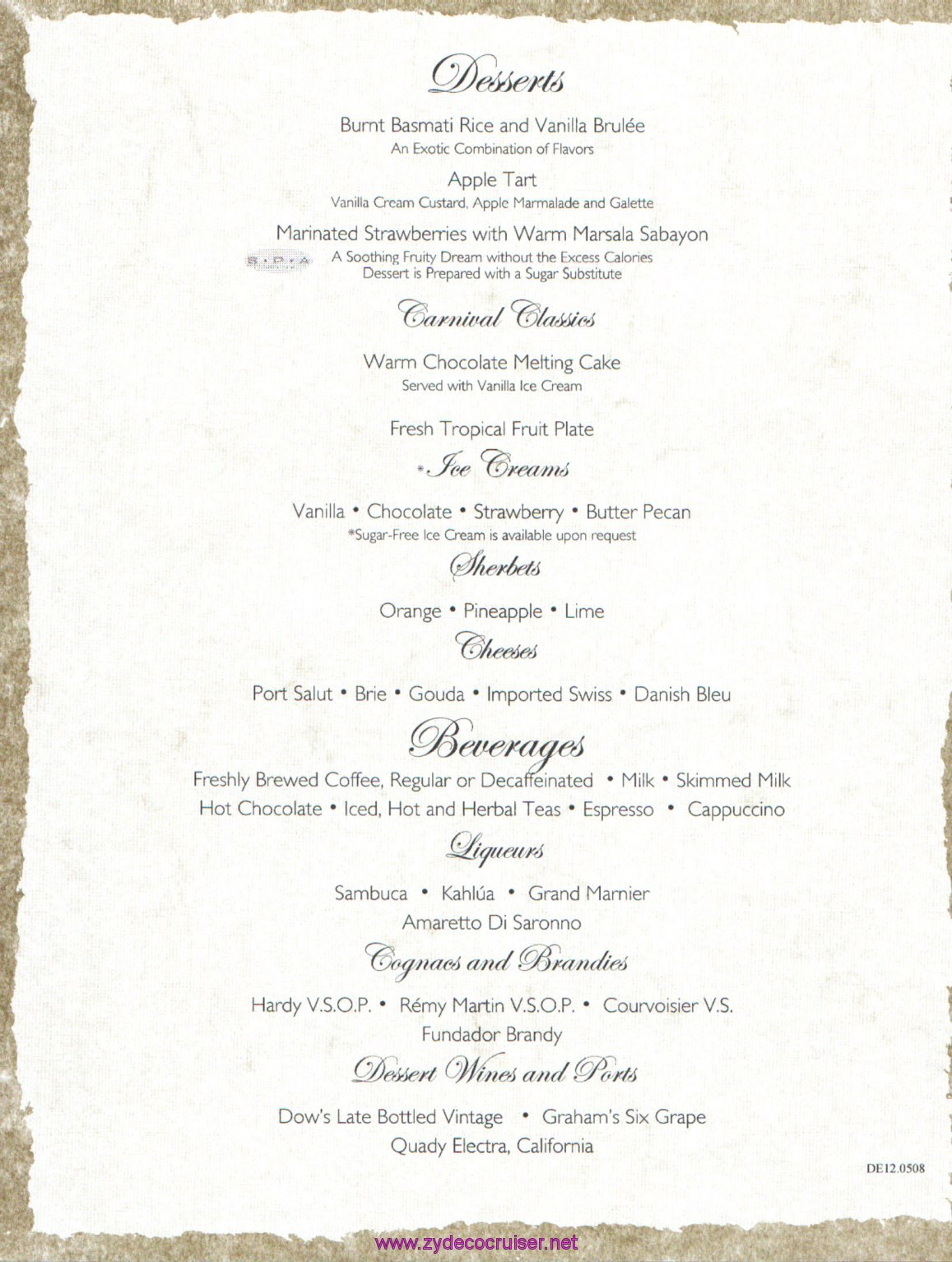 Carnival Dream Menu - DE12.0508