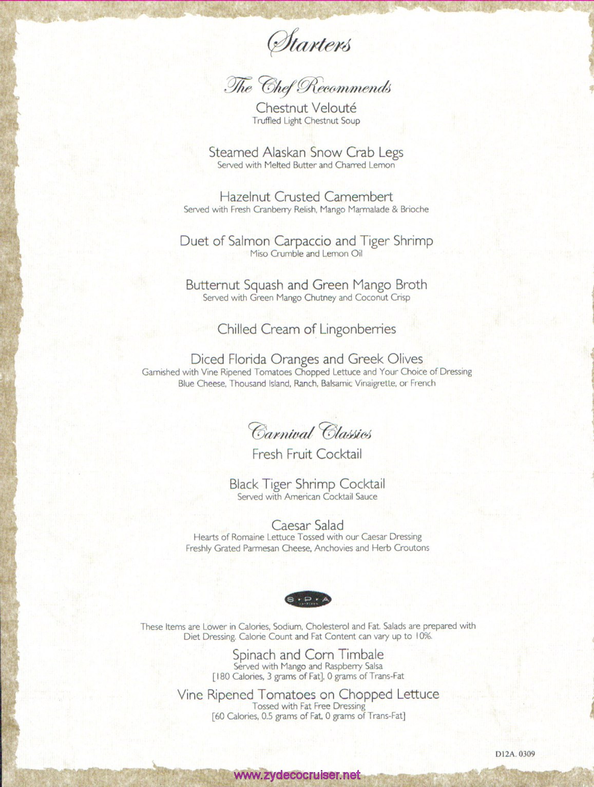 Carnival Dream Menu - D12A.0309