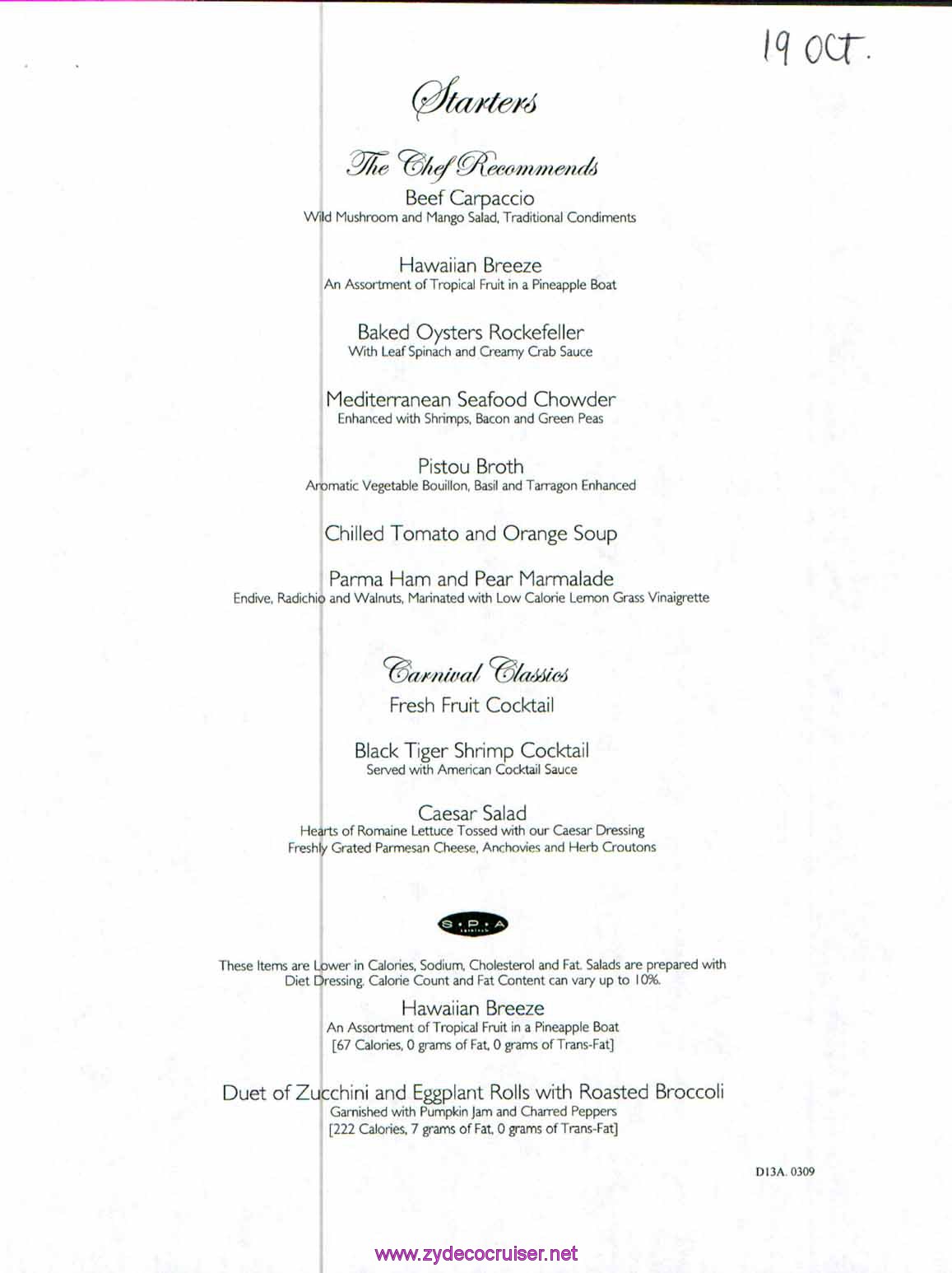 Carnival Dream Menu - D13A.0309