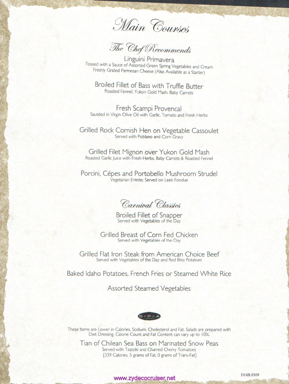 Carnival Dream Menu - D16B.0309