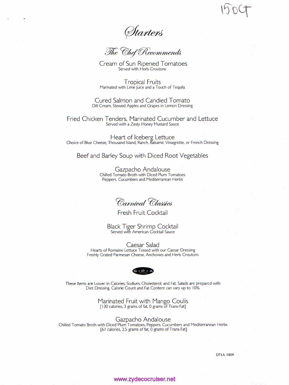 Carnival Dream Menu - D71A.0809