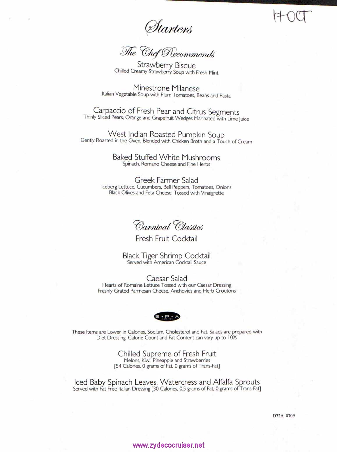 Carnival Dream Menu - D72A.0709