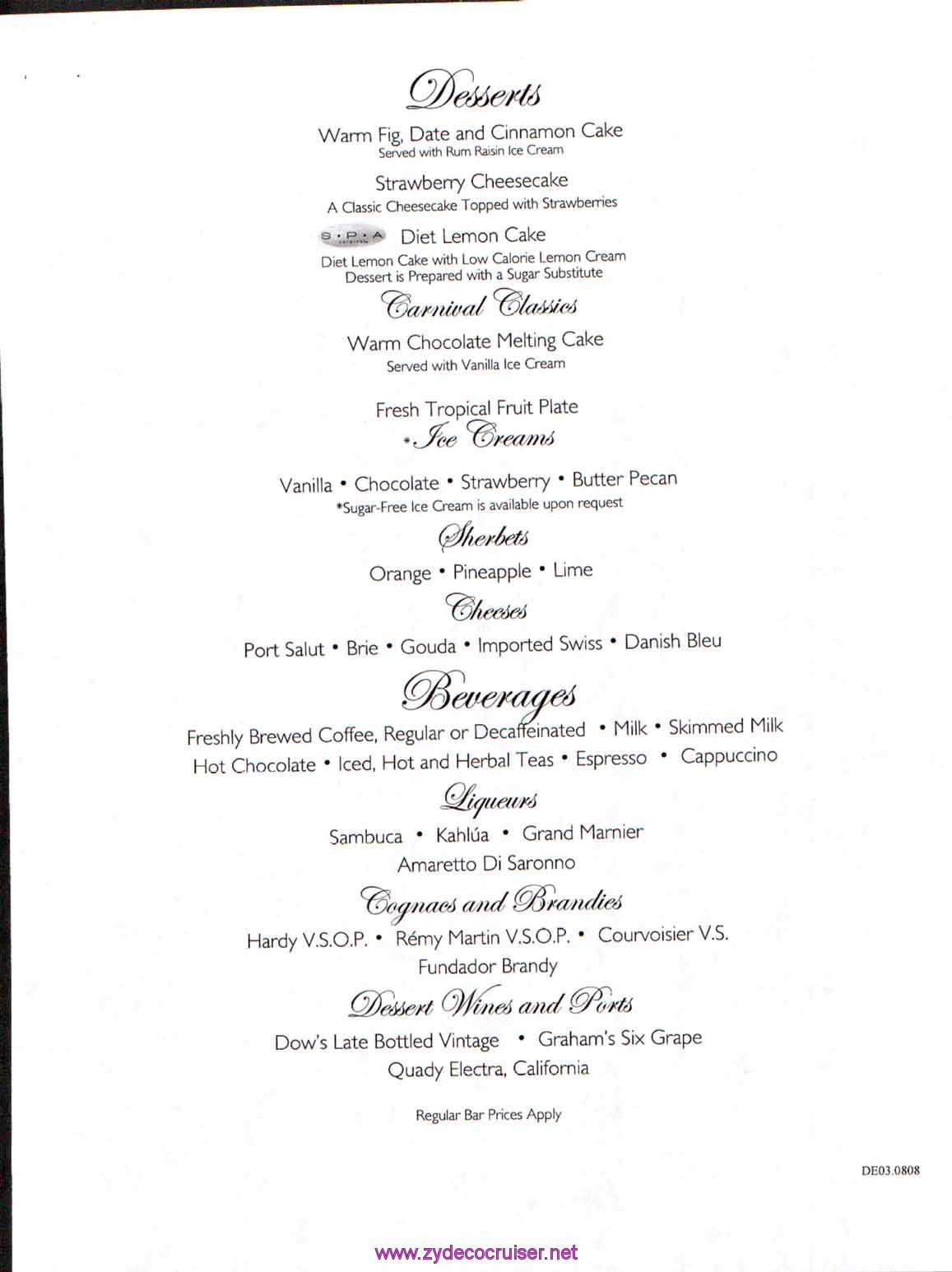 Carnival Dream Menu - DE03.0808