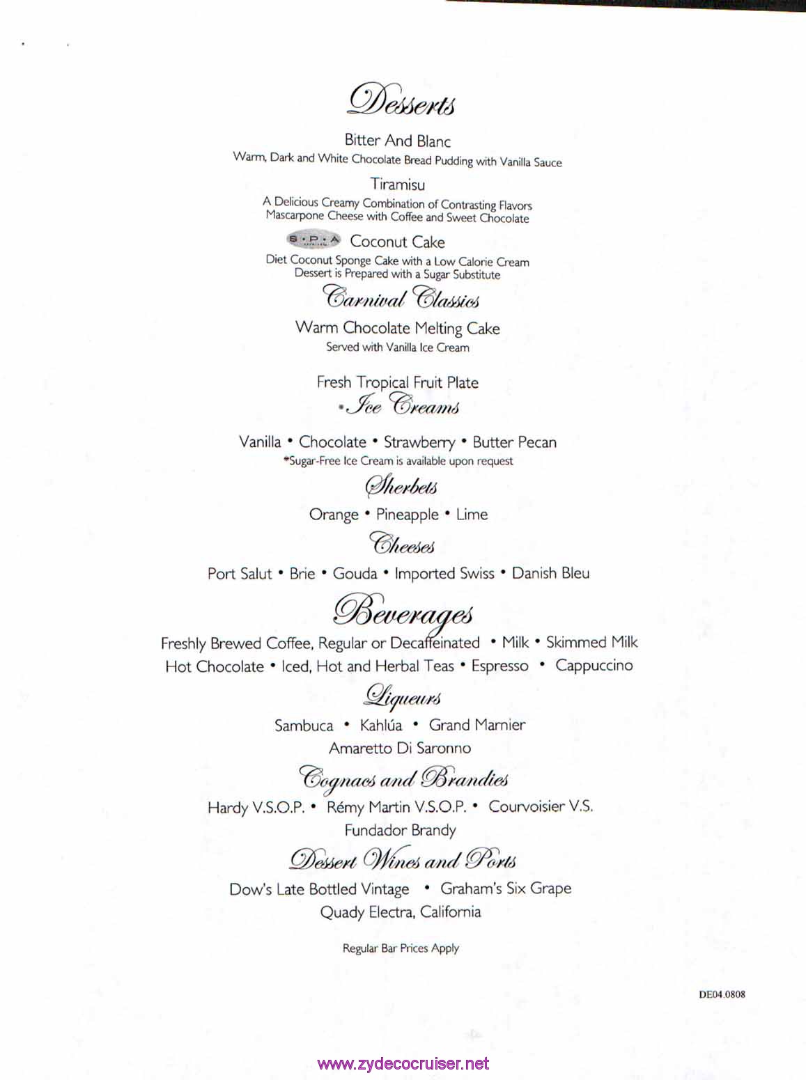 Carnival Dream Menu - DE04.0808