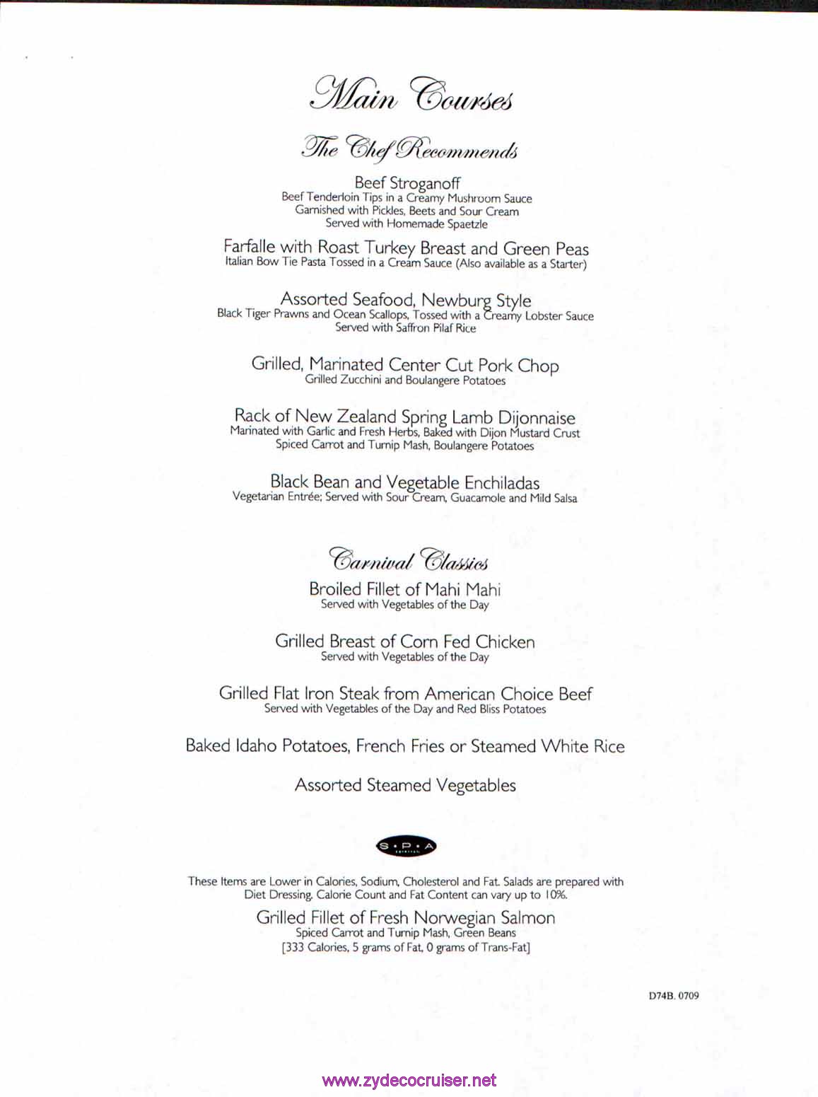 Carnival Dream Menu - D74B.0709