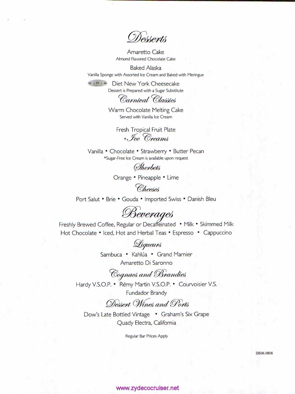 Carnival Dream Menu - DE06.0808