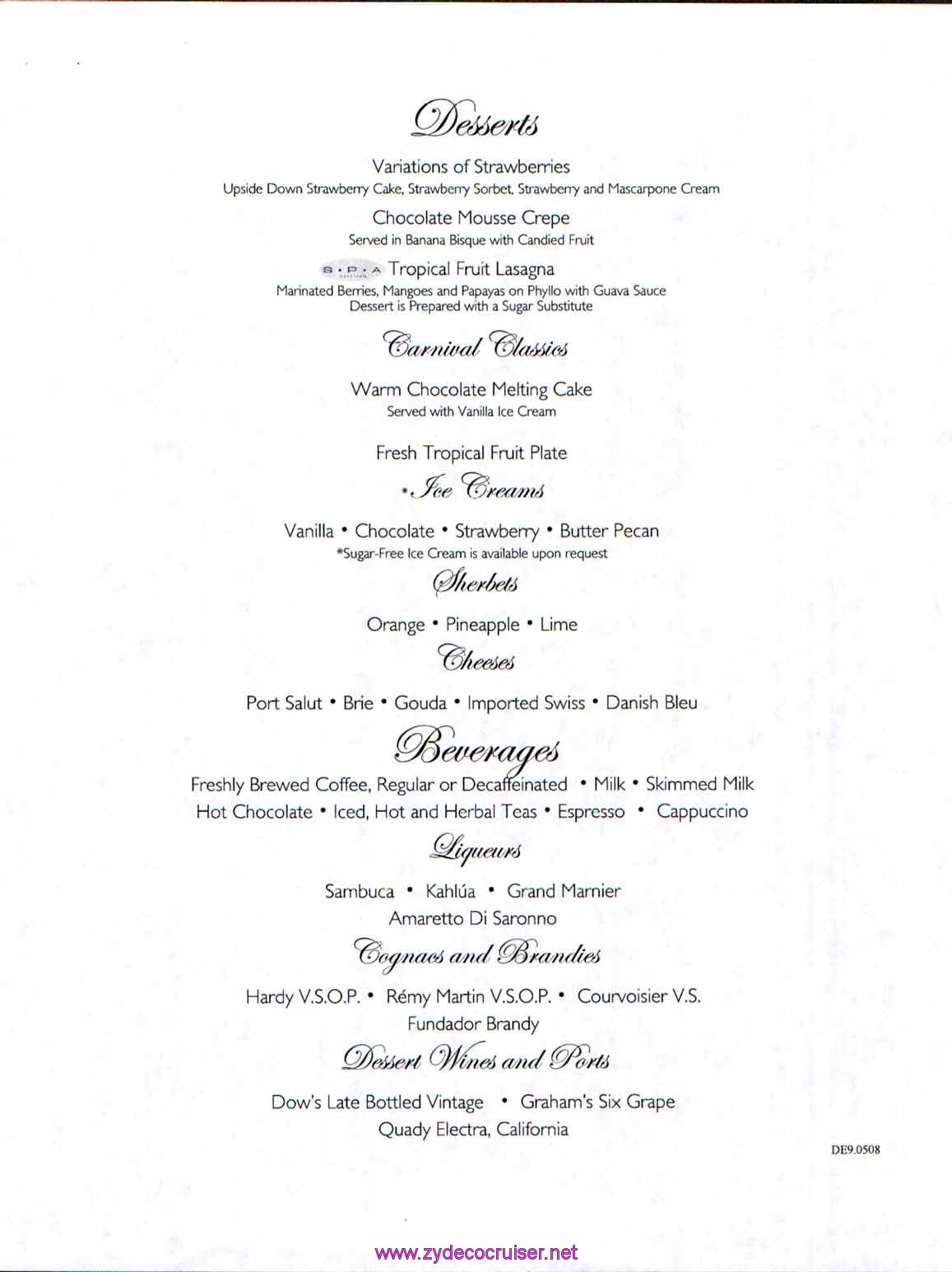 Carnival Dream Menu - DE9.0508