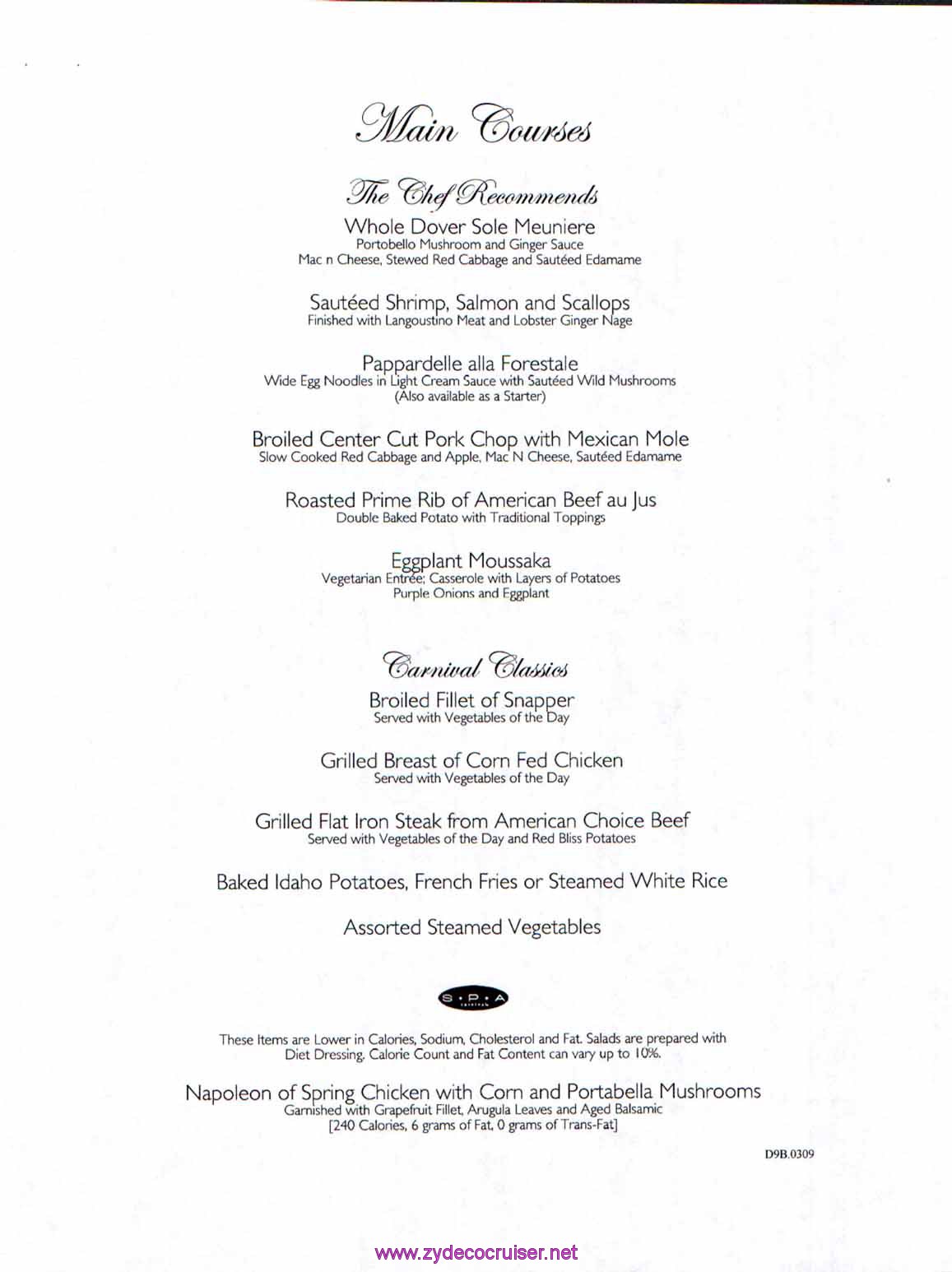 Carnival Dream Menu - 