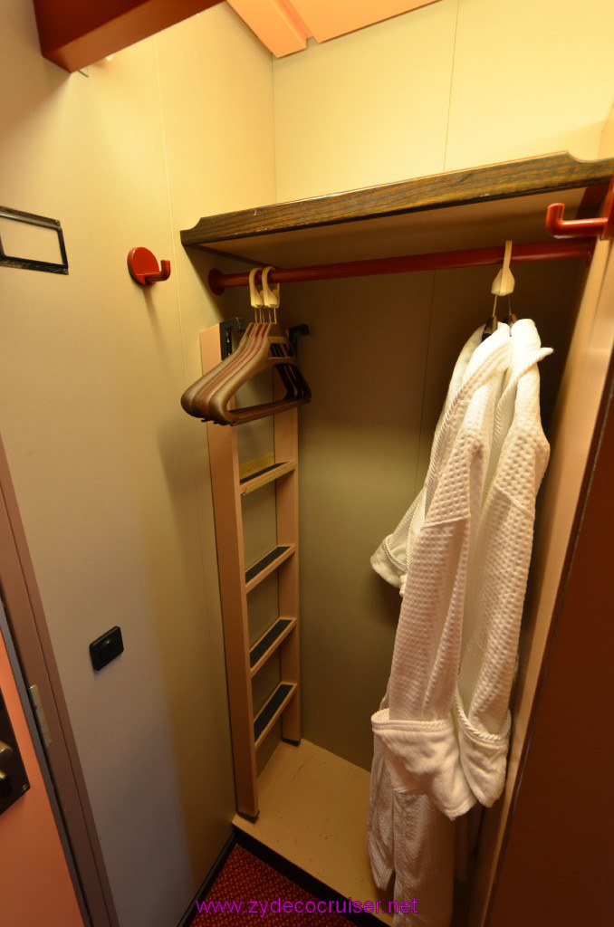 014: Carnival Elation, New Orleans, Embarkation, Cabin Closet, Bathrobes, Ladder for Upper Bunk