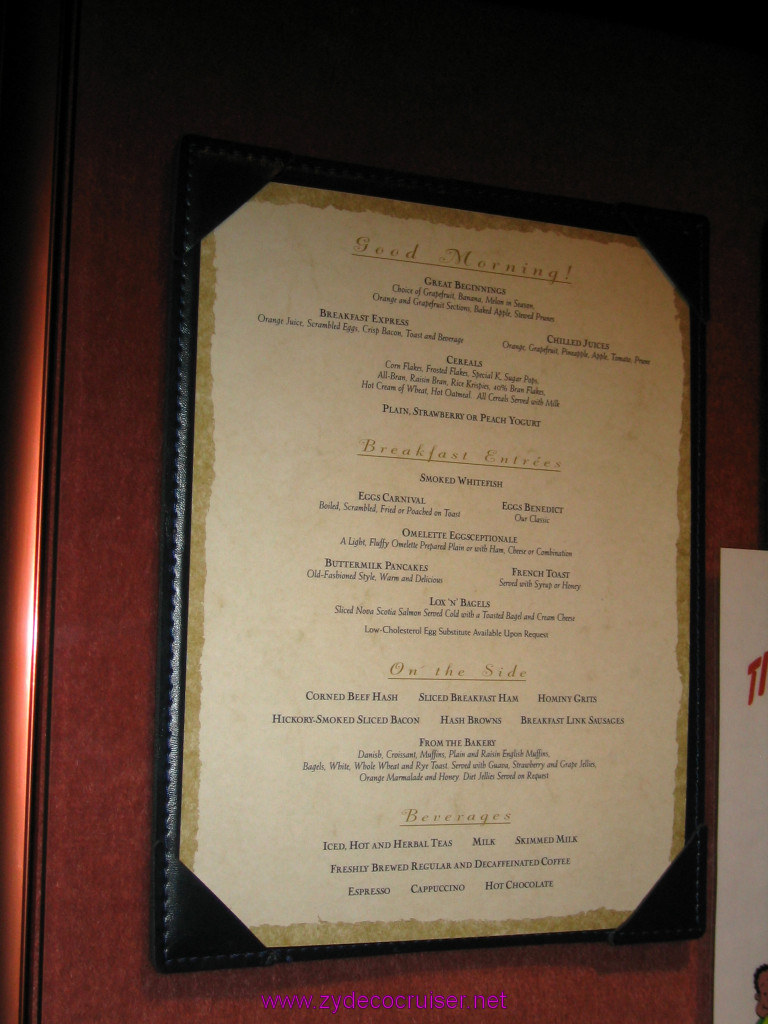 279: Carnival Elation 2004 Cruise, Breakfast Menu 