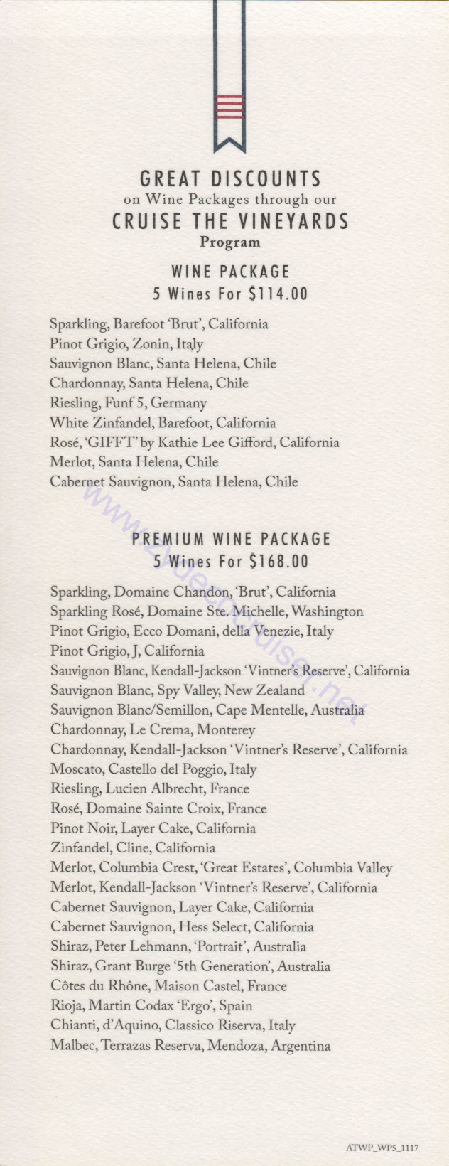 Carnival Cruise Cruise the Vineyards Menu