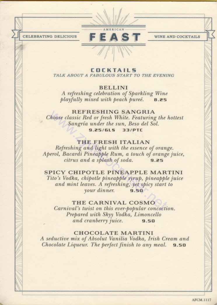 Carnival Horizon Day 2 MDR Dinner Elegant 1 American Feast Wine and Cocktails Menu 1