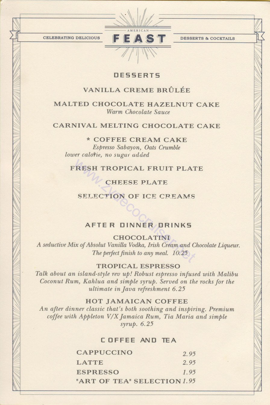 Day 2 MDR Dinner Elegant 1 American Feast Desserts and Cocktails Menu