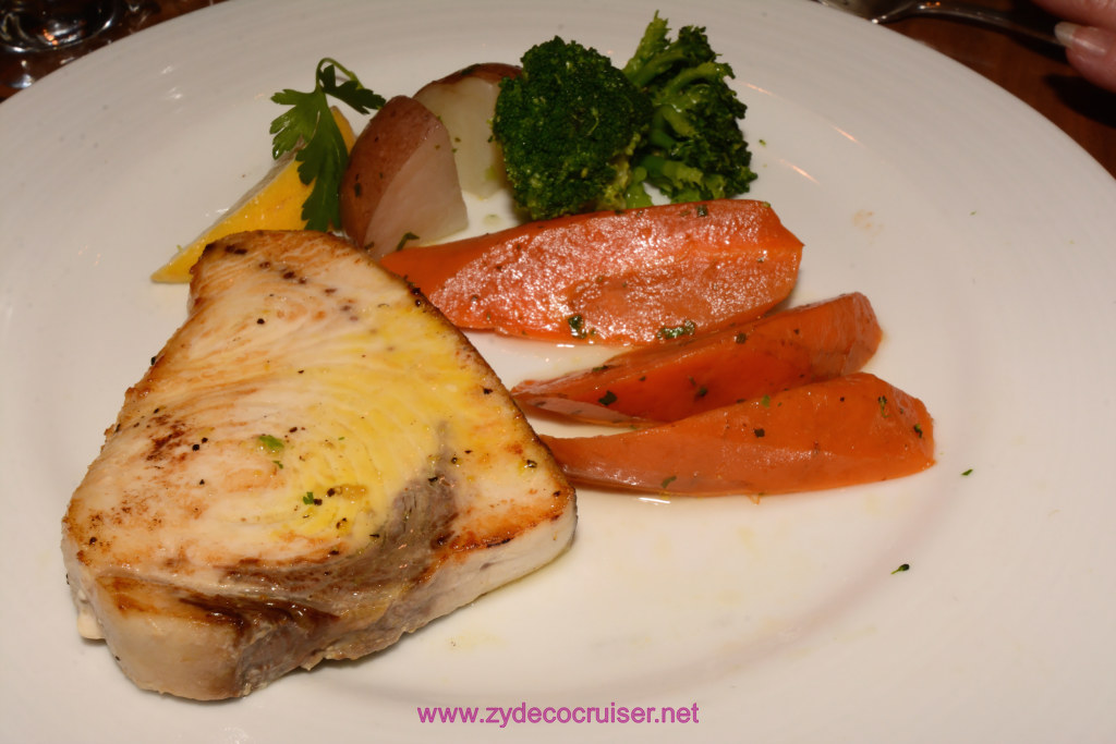 504: Carnival Horizon Transatlantic Cruise, Malaga, MDR Dinner, Sword Fish Steak