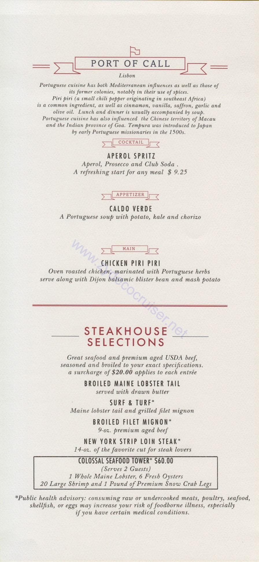 Carnival Horizon Day 5 MDR Dinner Lisbon Port of Call Menu