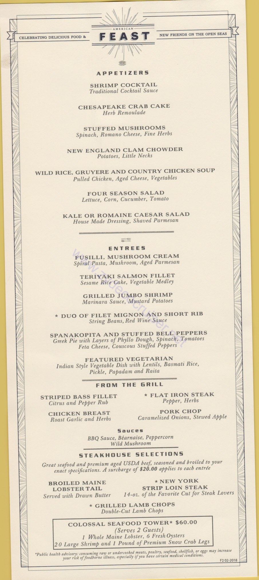 Carnival Horizon Day 9 MDR Dinner Elegant 2 American Feast Menu