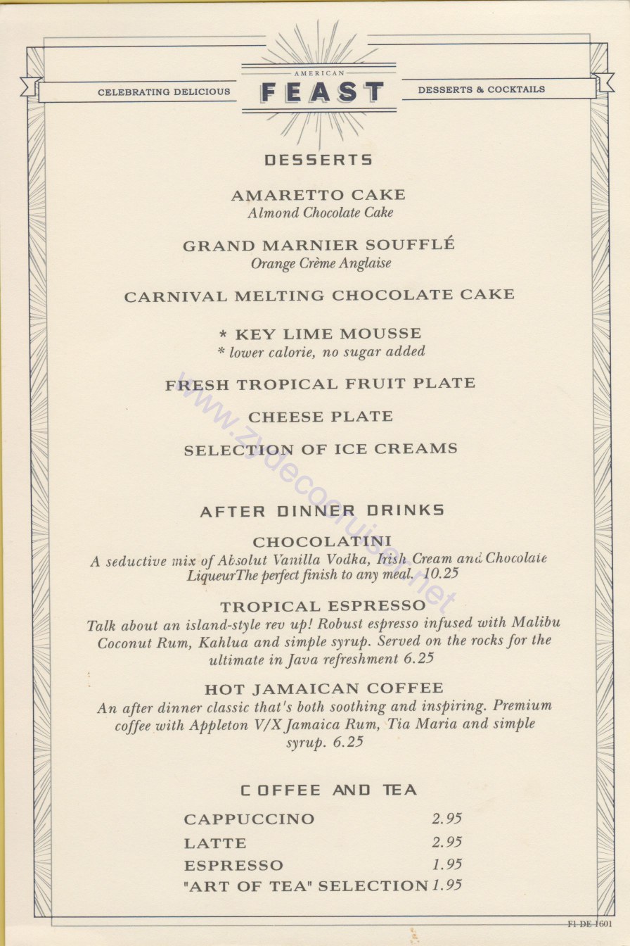 Day 6 MDR Dinner Elegant 2 American Feast Desserts and Cocktails Menu