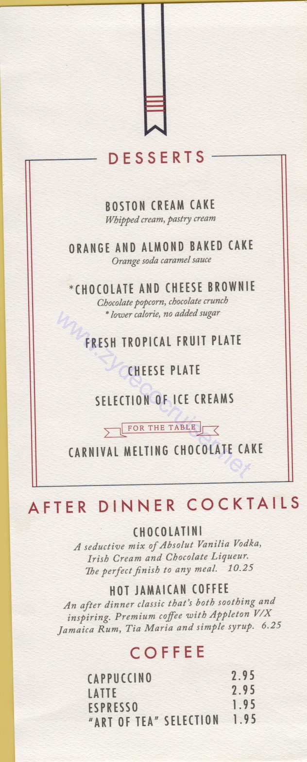 Carnival Horizon Day 10 MDR Dinner Desserts Menu