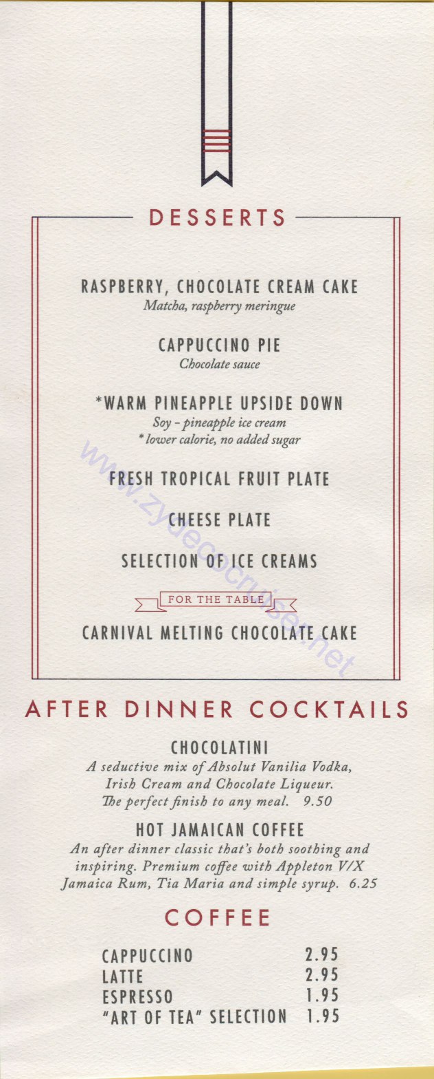 Carnival Horizon Day 11 MDR Dinner Desserts Menu