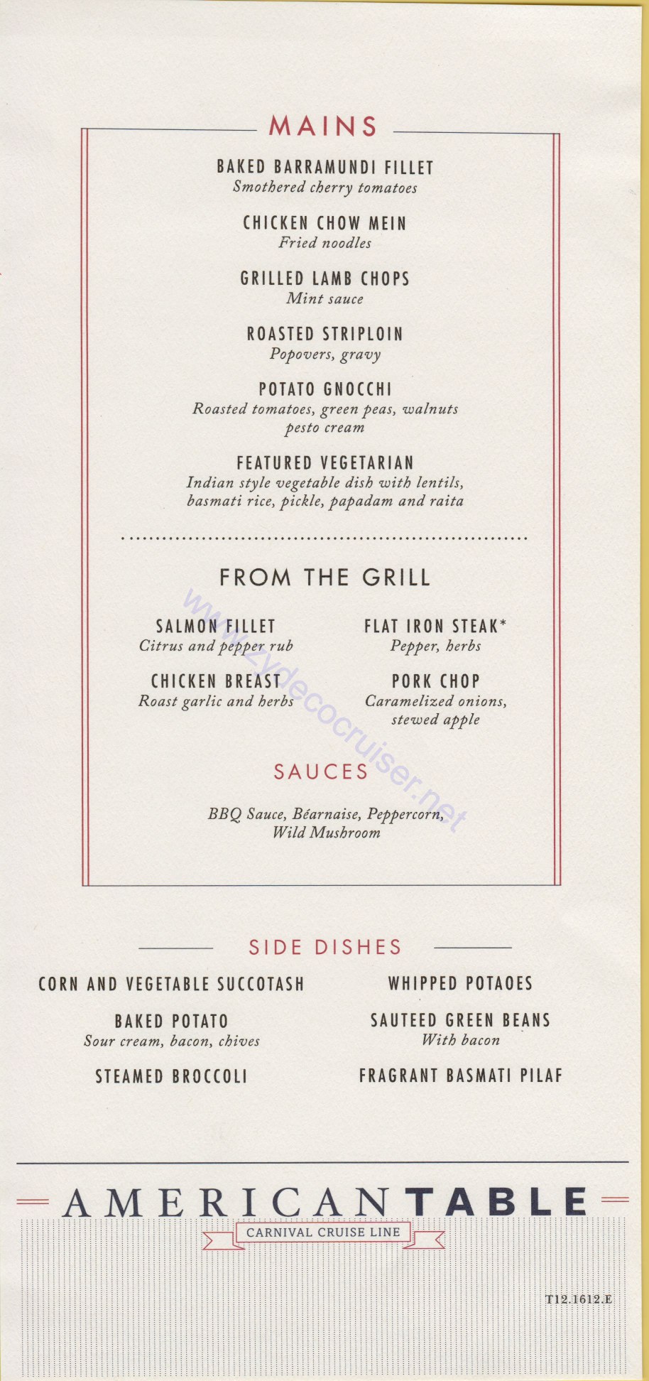 Carnival Horizon Day 12 MDR Dinner Mains Menu