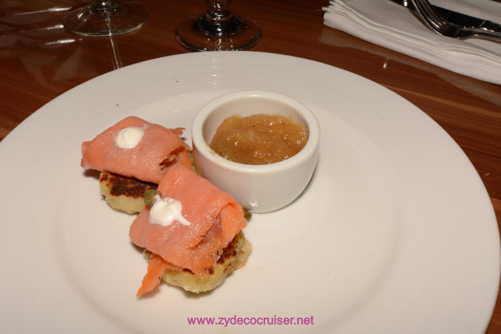 384: Carnival Horizon Transatlantic Cruise, Halifax, MDR Dinner, Smoked Nova Scotia Salmon