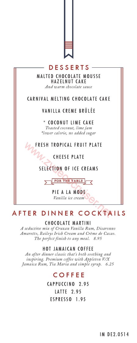 Carnival Imagination/Inspiration, American Table, MDR Dessert Menu, Catalina, 