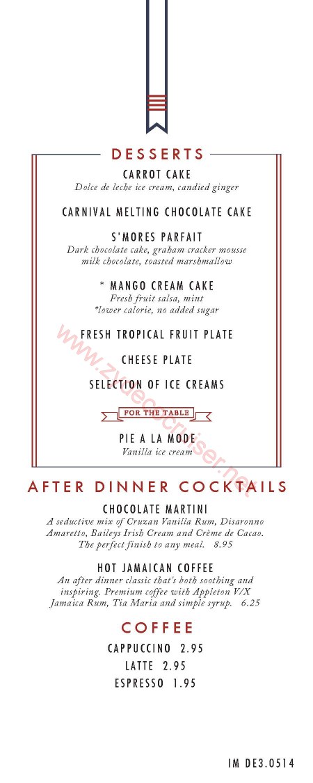 Carnival Imagination/Inspiration, American Table, MDR Dinner Menu, Ensenada, 4 night cruise